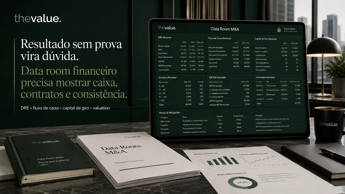 Documentos financeiros em data room para M&A