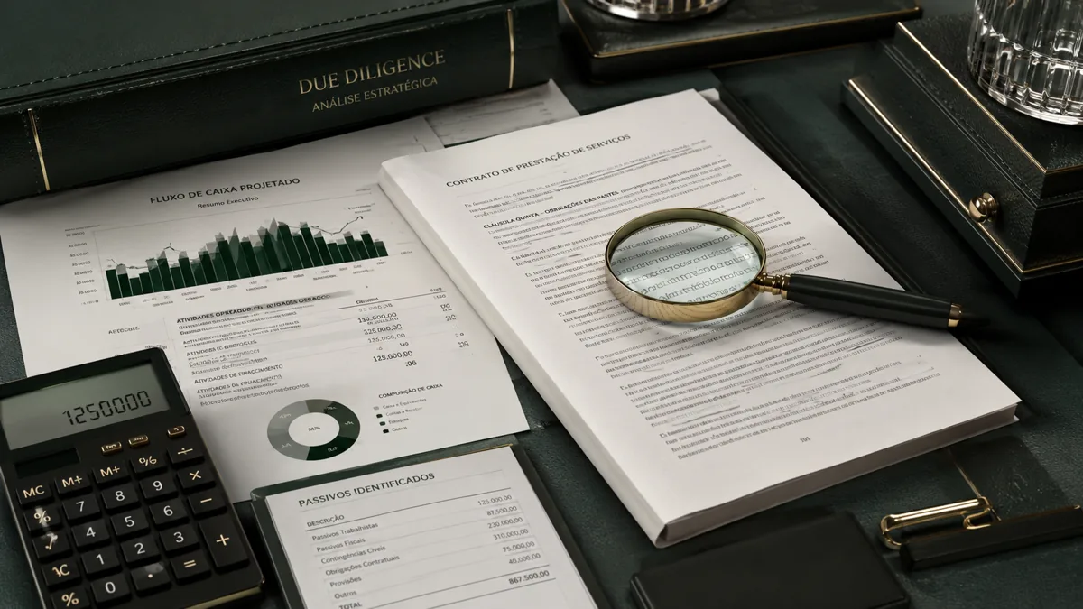 Due diligence empresa: lupa sobre contrato, fluxo de caixa projetado e passivos identificados