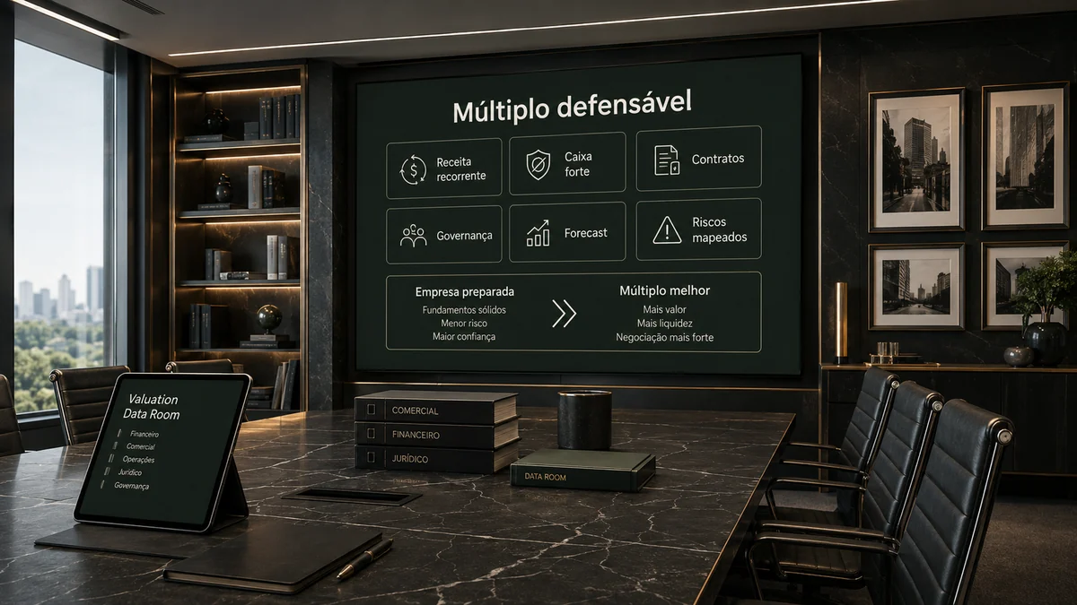 Data room organizado com números, contratos e forecast para defender o múltiplo