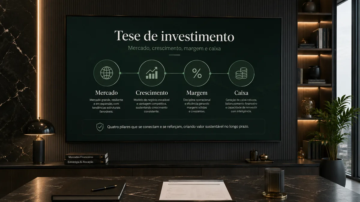 Tese de investimento provada por mercado, crescimento, margem e caixa